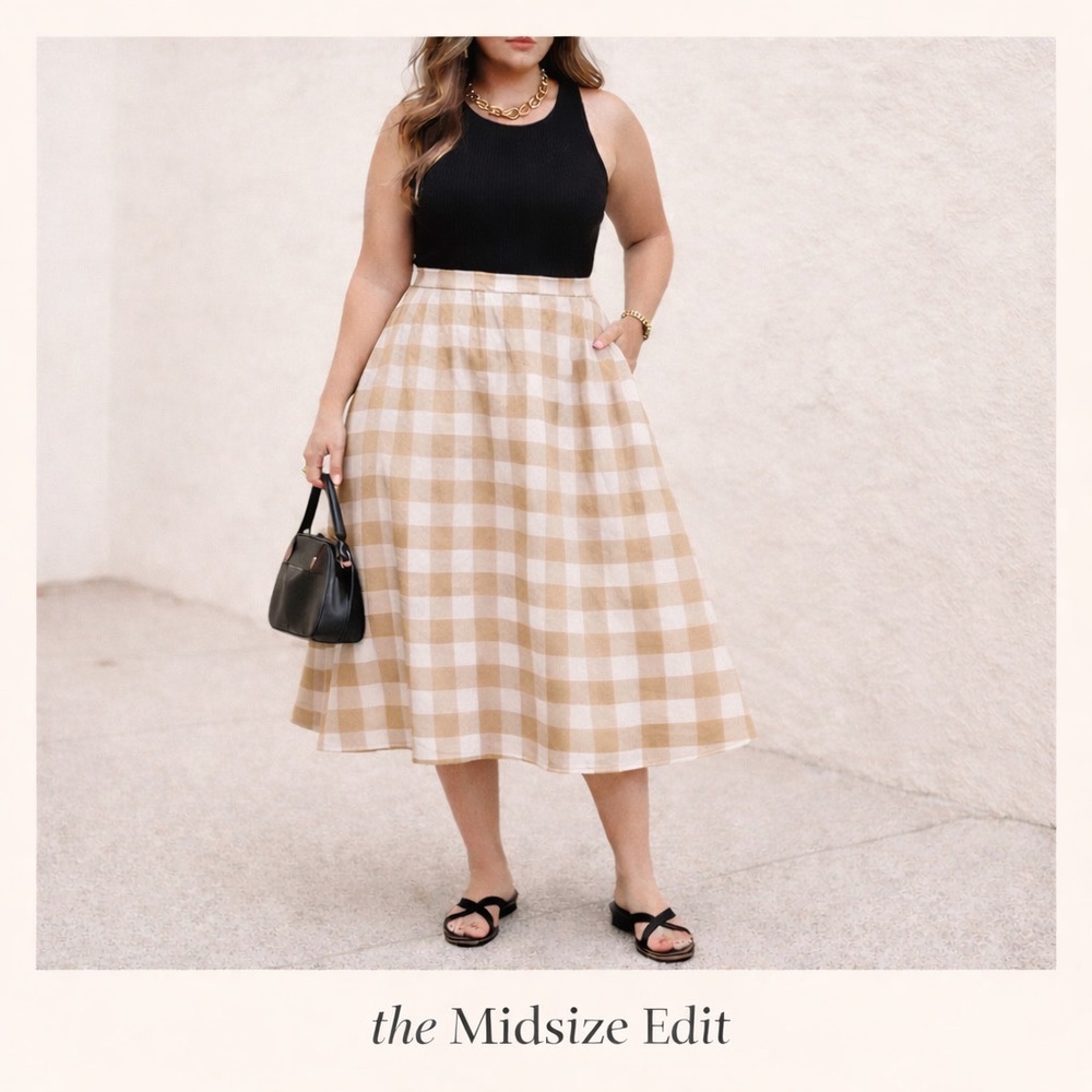 Who What Wear Gingham Linen Blend Circle Skirt | Size 14